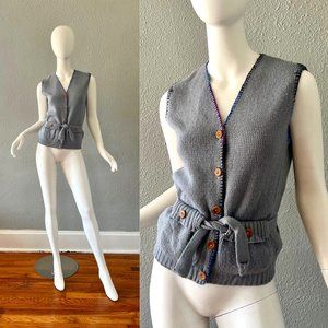 Vintage 70s Gray Hand Knit Button Hippie Sweater Vest Top S